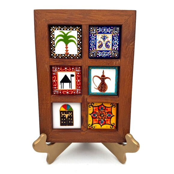 Wall decor miniature ceramic tiles framed , Set of 6 pcs hand painted tiles , in - Picture 1 of 12